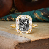 4CT Emerald Cut 8 Prong Black Rutilated Quartz Engagement Ring Pave Halo Bridal Ring